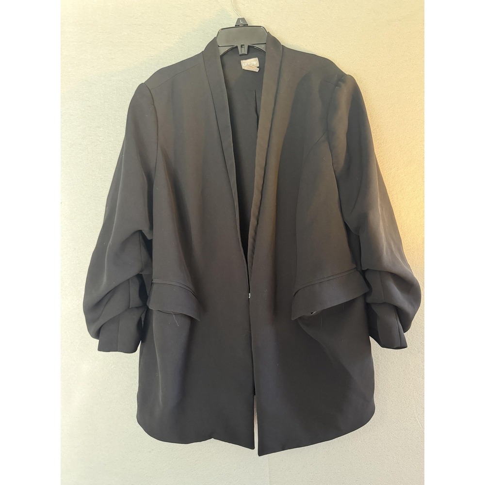 Chico's Blazer‎ Jacket Womens 3 Black Crepe Open Front Ruffle 3/4 Sleeve